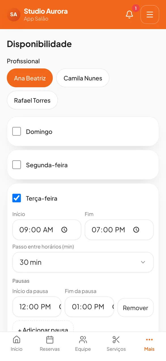 Configuração de disponibilidade com dias, horários e pausas do profissional