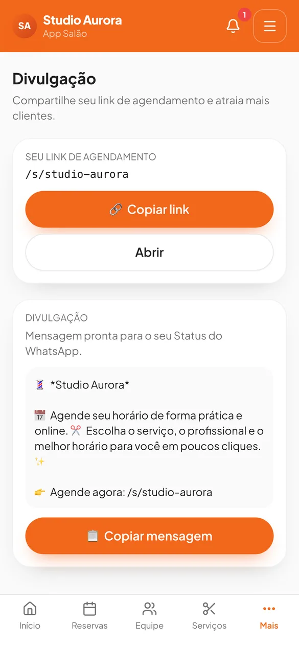 Tela de divulgação com o link de agendamento e a mensagem pronta para o WhatsApp