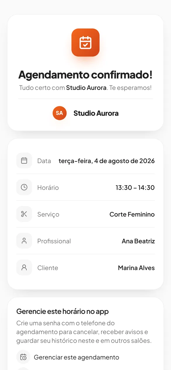 Tela de agendamento confirmado com data, horário, serviço e profissional