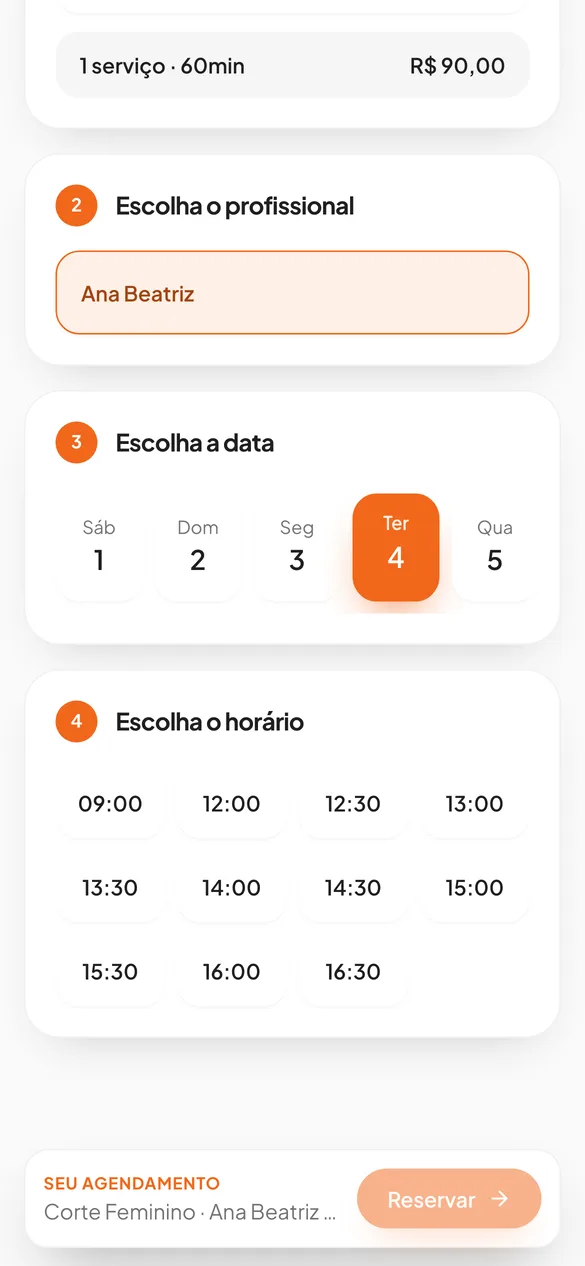 Cliente escolhendo o horário disponível na página de agendamento