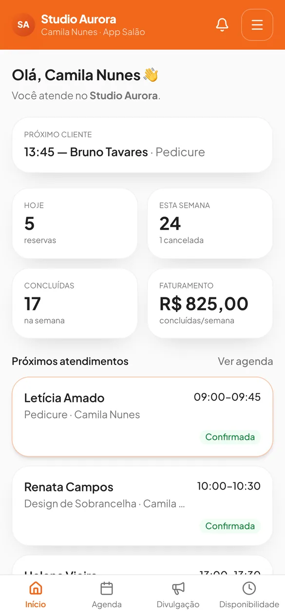 Portal do profissional mostrando o próximo cliente e a agenda da semana