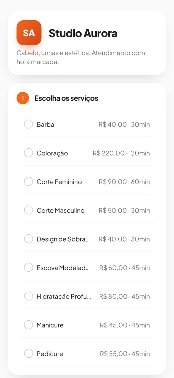 Página pública do salão com a lista de serviços, preços e duração